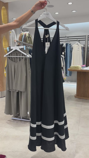 Siyah Etek Şeritli Keten Elbise 581199-Siyah