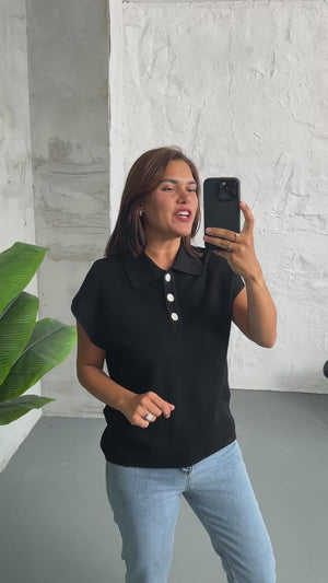Siyah Polo Yaka Düğmeli Triko Bluz 2485-Siyah