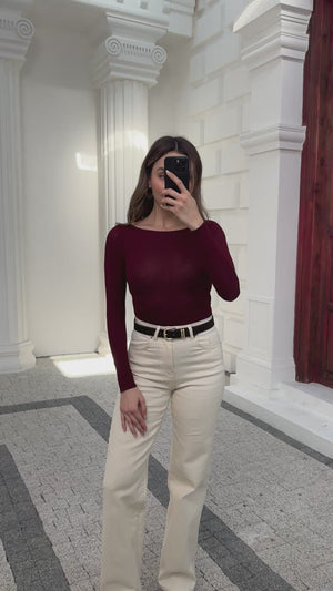 Bordo Kayık Yaka Transparan Bluz 25187-Bordo