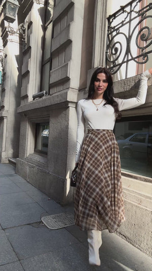 Haki Ekose Detaylı Şifon Etek 0613-Haki