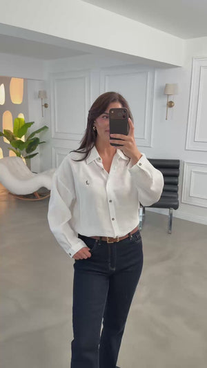 Beyaz Nakış Detaylı Oversize Gömlek 7682-Beyaz