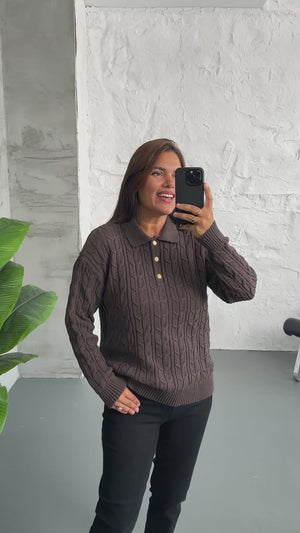 Kahve Gold Düğme Detaylı Triko Kazak 2522-KAHVE