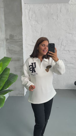 Beyaz Arma Nakışlı Polo Yaka Sweat 580516-Beyaz