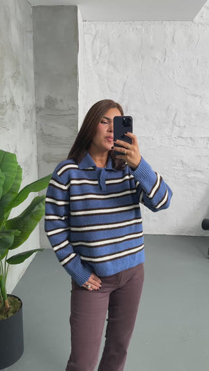 Mavi Çizgili Polo Yaka Kazak 2541-Mavi