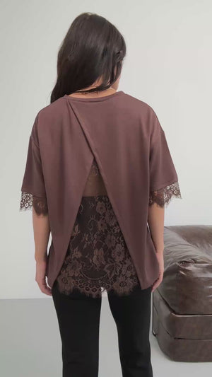 Kahverengi Sırtı Dantelli Tshirt 1073-Kahverengi