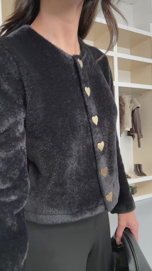 Siyah Kalp Düğmeli Yumoş Hırka 7562-Siyah