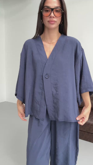 Lacivert Tek Düğmeli Bluz Pantolon Takım 51189-Lacivert