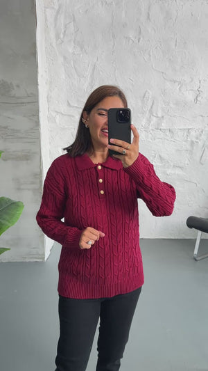 Vişne Gold Düğme Detaylı Triko Kazak 2522-VİŞNE