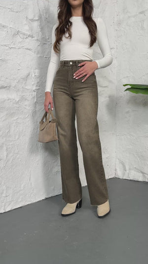 Haki Straight Kesik Paça Jean 21145-Haki