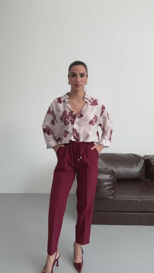 Bordo Bel Lastikli Havuç Pantolon 80178-Bordo