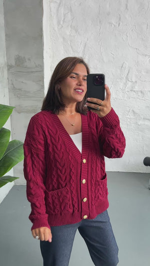 Bordo Saç Örgülü Triko Hırka 2524-Bordo