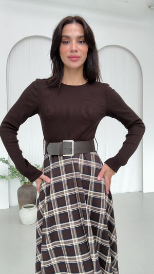 Kahverengi Eteği Ekoseli Elbise 35552-Kahverengi