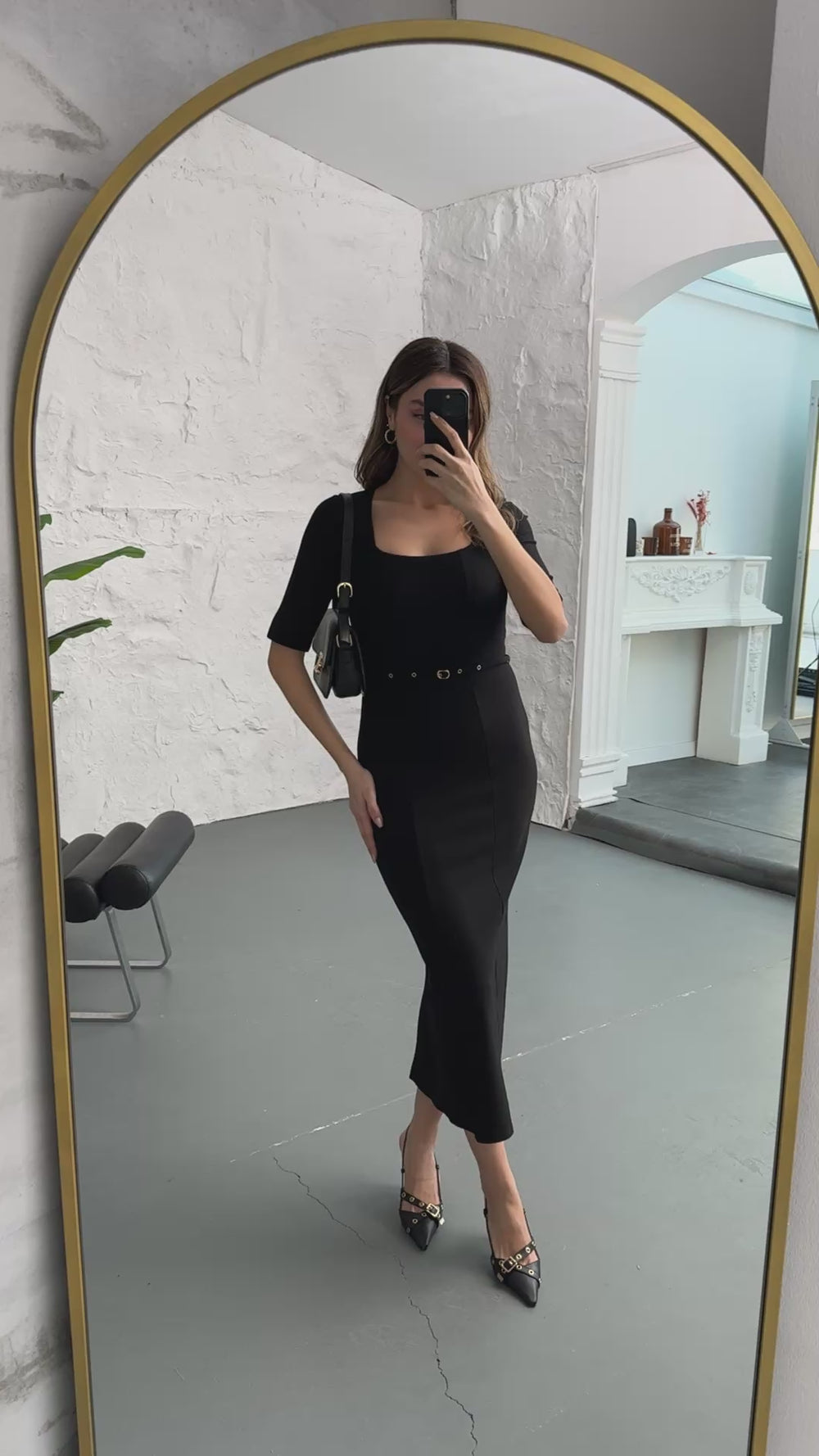 Siyah Kare Yaka Kemerli Maxi Elbise 1271-Siyah