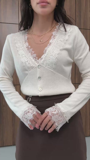 Ekru Dantel Detaylı Triko Hırka 251066-Ekru
