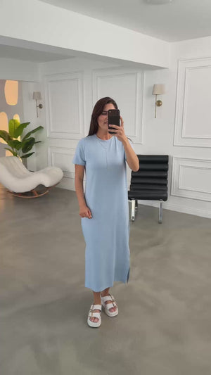 Bebe Mavi Yırtmaçlı Salaş Modal Elbise 0116-Bebe Mavi