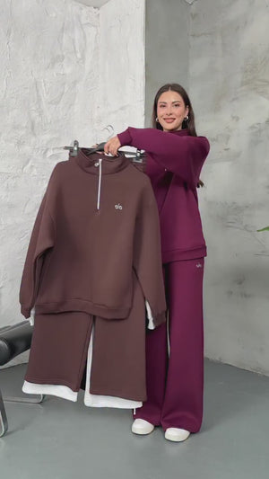 Kahverengi Yarım Fermuarlı Şardonlu Sweat Takım 4028-Kahve