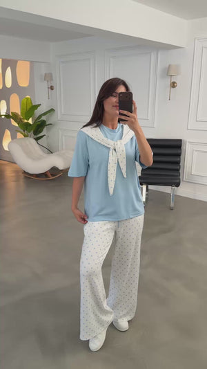 Bebe Mavi Puantiye Fularlı Biyeli Takım 4145-Bebe Mavi
