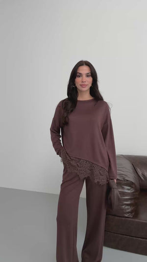 Kahverengi Etek Ucu Dantelli Modal Takım 4105-Kahverengi